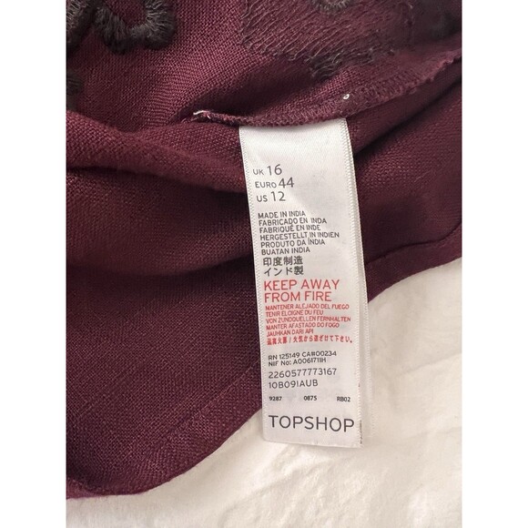 Topshop Embroidered Shift Dress Size 12 Burgundy 3/4 Sleeve Peter Pan Collar - Picture 13 of 15